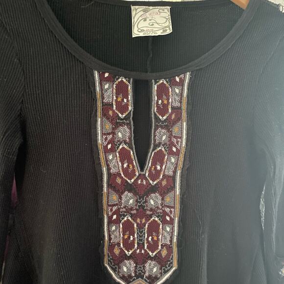 Free People x Marion Black Burgundy Embroidered Waffle Thermal Top Long Sleeve - Picture 2 of 9